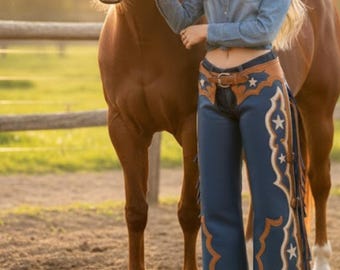 Handmade Blue Leather Rodeo Chaps – Custom Western Wear for Bull Riding