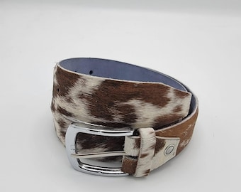 Handmade Cowhide Leather Belt | Brown & White Hair-On Western Belt