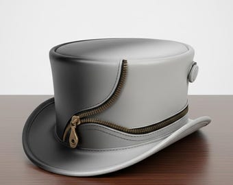 Handmade Grey Leather Top Hat – Zipper Steampunk Gift for  Husband
