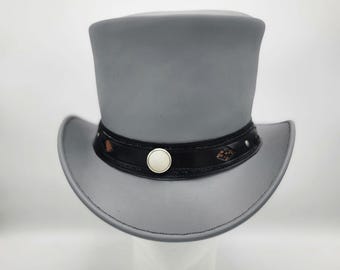 Grey Leather Top Hat: Studded Band Steampunk Cosplay Hat