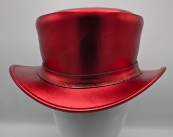 Handmade Red Leather Top Hat – Steampunk Gothic Victorian Festival Hat