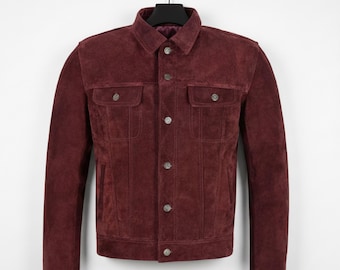Handmade Burgundy Suede Trucker Jacket – Men’s Western Style
