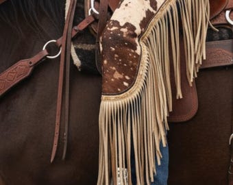 Handmade Brown Hair On Hide Cowhide Chaps with Western Fringe for Rodeo Wear