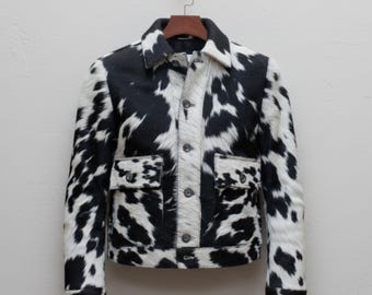 Black Cowhide Leather Jacket for Men | Genuine Calf Hair Coat | Western Style Outerwear