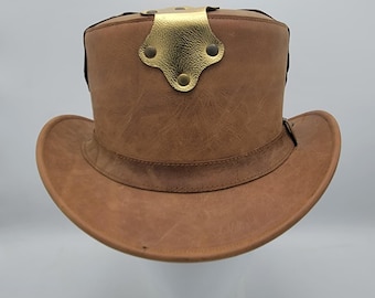 Handmade Steampunk Leather Top Hat: Brass Accent Cosplay Hat