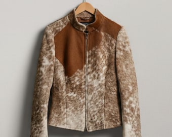Unique Cowhide Print Jacket, Brown Suede Western Coat for Women