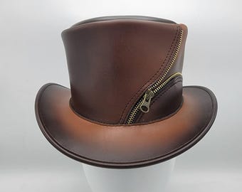Handmade Steampunk Hat, Brown Leather Top Hat for a Bold Victorian Look