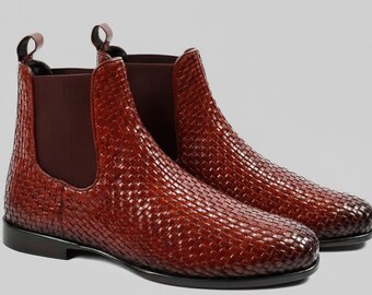 Handmade Cognac Woven Leather Chelsea Boots – Mens Formal Dress Shoes