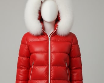 Handmade Red Leather Puffer Jacket – Warm Women's Winter Coat with Fur Hood