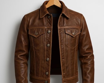 Vintage Style Brown Leather Jacket: Button Front, Gift for Him