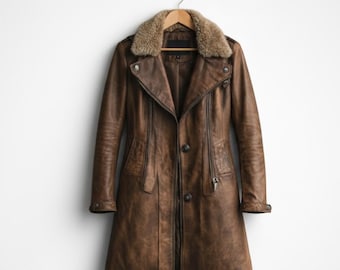 Handmade Brown Leather Trench Coat – Women's Shearling Jacket, Vintage Winter Outerwear