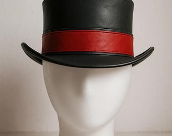 Handmade Black & Red Leather Top Hat: Steampunk Cosplay Costume