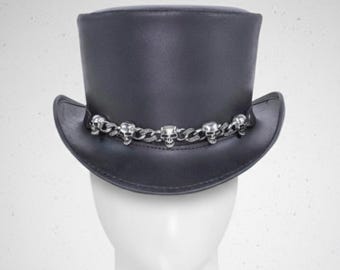 Handmade Black Leather Skull Chain Top Hat | Steampunk Gothic Victorian Cosplay Hat