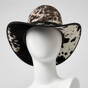 May include: A wide-brimmed hat featuring a brown and white cowhide print pattern. The hat includes a black braided band around the crown and a solid black trim along the edge of the brim. The underside of the brim displays a black and white pattern.