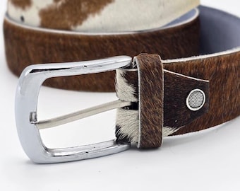 Handmade Cowhide Leather Belt – Brown & White Hair-On Hide with Chrome Buckle