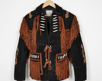 Handmade Western Suede Jacket, Black Fringe Coat with Beading & Bone Pipes