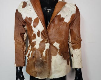 Handmade Brown White Cowhide Jacket – Men's Western Style Blazer, Rodeo Coat