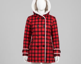 Handmade Red Plaid Coat – Sherpa Fleece Lined Winter Jacket for Women