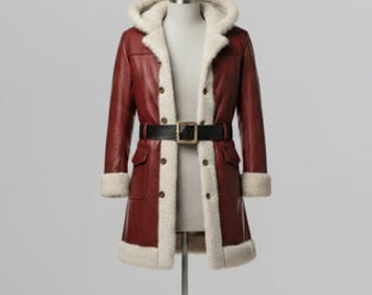 Handmade Red Shearling Santa Coat – Christmas Leather Jacket for Men & Women