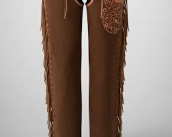 Handmade Brown Suede Western Chaps, Floral Tooled Leather, Fringe