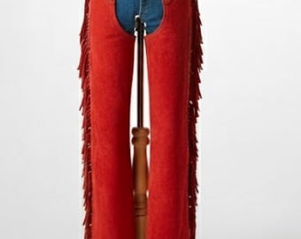 Handmade Red Suede Fringed Chaps – Western Chaps for Women, Rodeo Cowgirl Gear