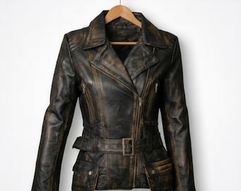 Handmade Black Distressed Leather Jacket – Women's Biker Style Coat