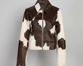 Brown and White Cow Print Leather Jacket, Hair on Hide Coat, Western Cowboy Look