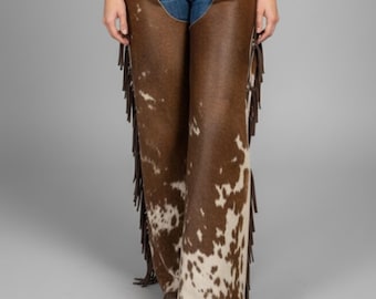 Handmade Brown White Cowhide Chaps – Fringe Western Rodeo Chaps for Women