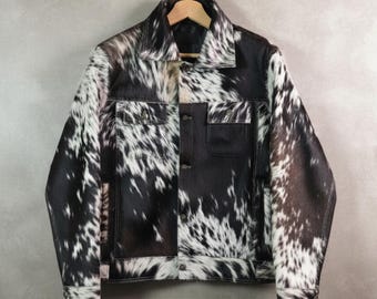 Handcrafted Black & White Cowhide Jacket – Western Style Leather Outerwear