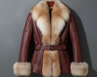Handmade Burgundy Leather Fox Fur Jacket – Women's Winter Moto Coat, Real Fur Outerwear.