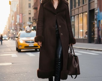 Handmade Shearling Coat, Dark Brown, Cozy Fur Trim,  for Winter Fashion