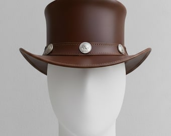 Handmade Brown Leather Steampunk Top Hat with Silver Conchos | Western Cowboy Cosplay Hat