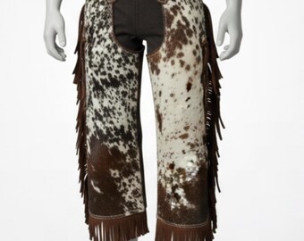 Handmade Brown and White Cowhide Leather Chaps – Western Rodeo Fringe Riding Gear for Cowboys