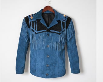 Handmade Blue Suede Fringe Jacket – Mens Western Cowboy Coat with Beaded Detail