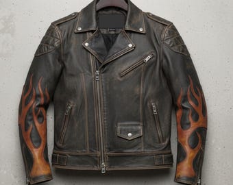 Handmade Distressed Leather Biker Jacket – Mens Motorcycle Jacket with Flames