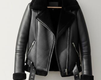 Handmade Black Shearling Jacket – Womens Warm Aviator Biker Coat, Winter Streetwear, Thick Fur-Lined Motorcycle
