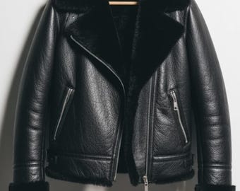 Handmade Black Shearling Jacket – Women's Leather Aviator Coat
