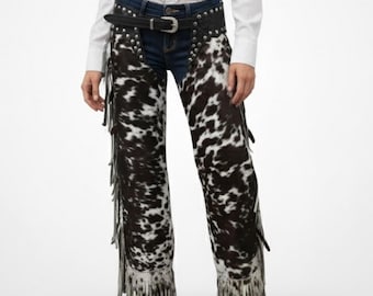 Handmade Cowhide Rodeo Chaps, Custom Western Fringe Pants for the Modern Festival Cowgirl