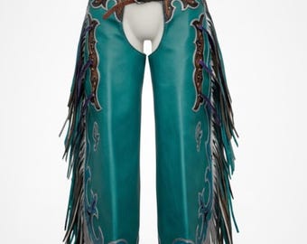 Handmade Teal Leather Chaps – Tooled Western Fringe Pants for Rodeo & Festivals