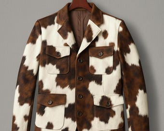 Western Cow Print Leather Jacket, Handmade Cowhide Coat, Hair on Hide Brown Jacket