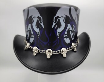 Handmade Black Leather Skull Top Hat – Men's Gothic Hat with Chain