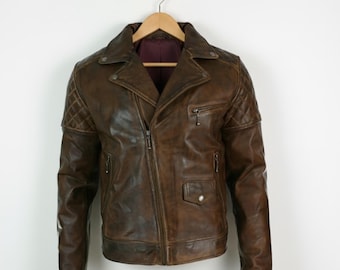 Handmade Brown Leather Jacket – Mens Distressed Biker Moto Coat