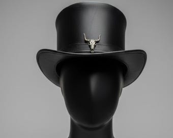 Handmade Black Leather Top Hat – Skull Steampunk Biker Gift for Him for friend