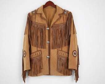 Handmade Tan Suede Fringe Jacket - Western Beaded Coat, Boho Festival Style for Men