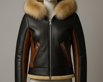 Handmade Black Leather Shearling Jacket – Women's Winter Aviator Coat