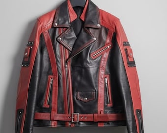 Handmade Red Black Leather Jacket – Stylish Biker Outerwear for Men