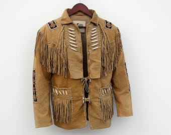Handmade Tan Suede Leather Jacket – Men's Western Fringe Jacket with Native Style Beading