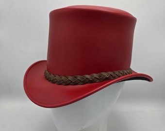 Handmade Red Leather Top Hat – Steampunk Goth Cosplay Accessory.