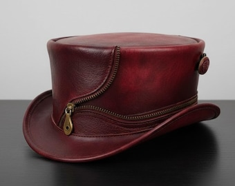 Handmade Deep Red Leather Steampunk Top Hat – Festival Gift for Goth Fans