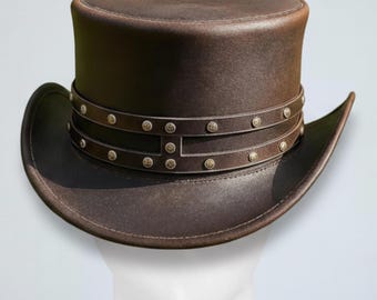 Handmade Brown Leather Top Hat: Studded Steampunk Western Hat